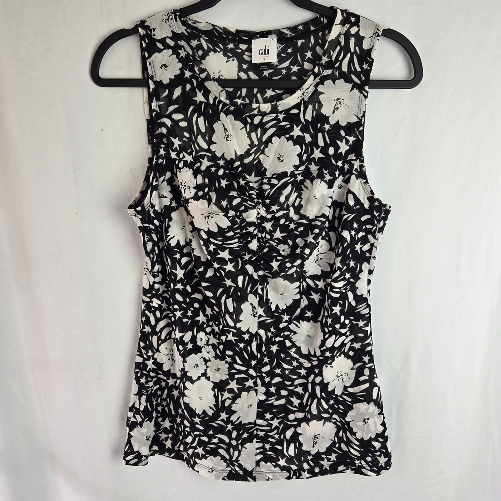 Cabi Flower Burst Top #6105 Black White Floral Mesh‎ Knit Ruched Womens Small